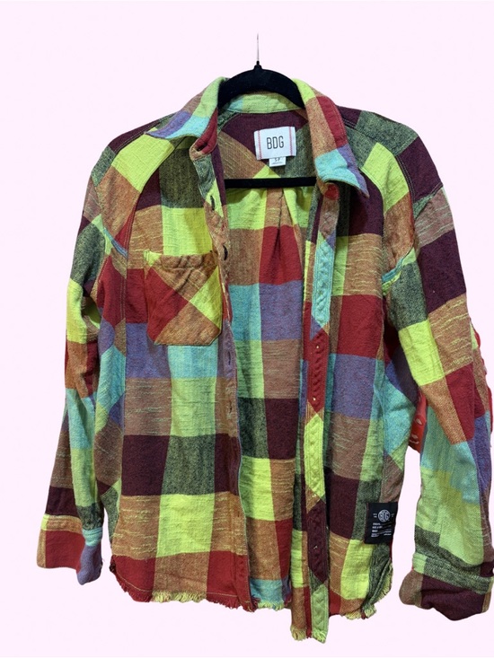 BDG Tops - BDG Lime Green & Burgundy Plaid Overshirt